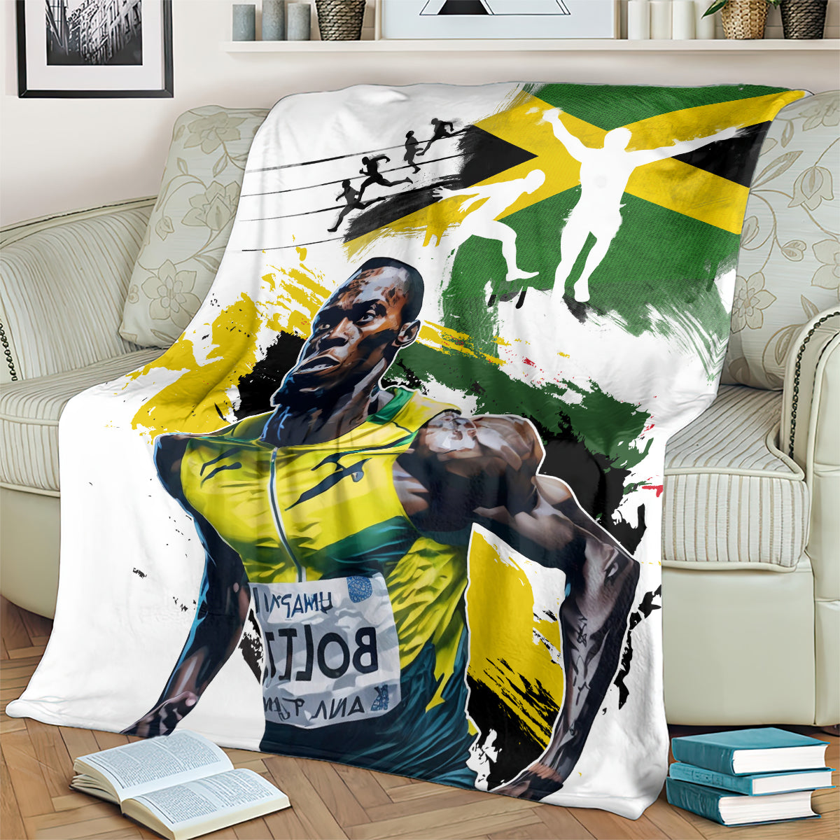 Jamaica blanket on couch with large white background and Jamaica athlete print