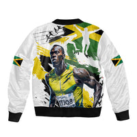 Unisex white bomber jacket with large front photo graphic, ribbed collar, zip front