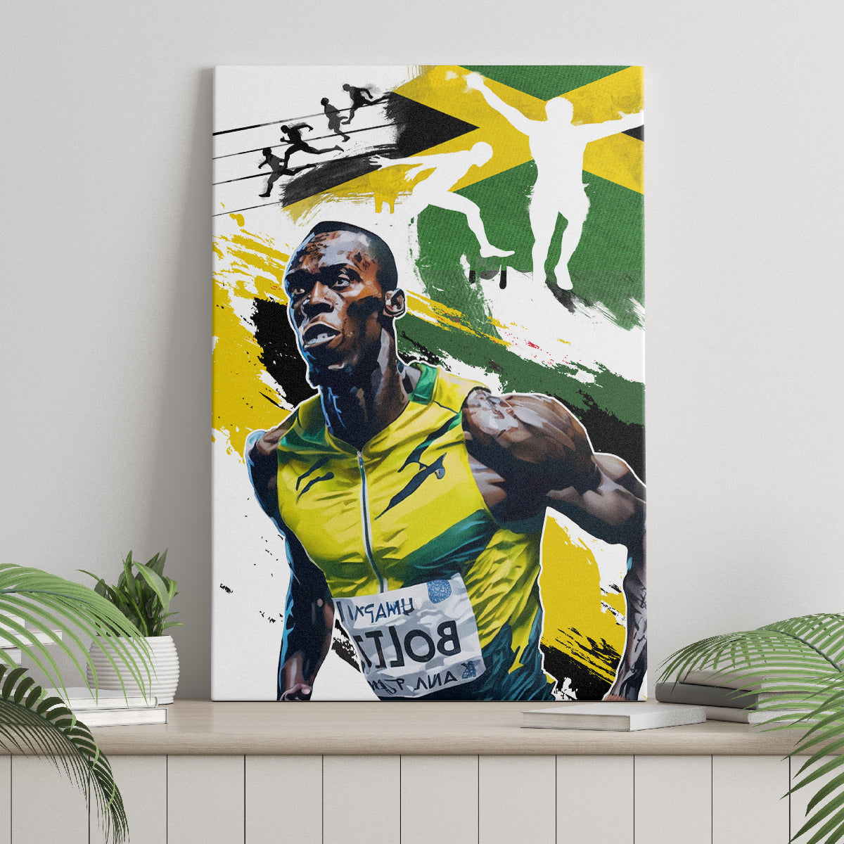 Framed canvas wall art with runner portrait and silhouetted figures in green and yellow.