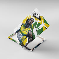 Unframed canvas wall art with runner portrait and silhouettes, green and yellow.