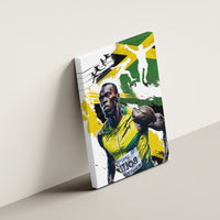 Framed canvas wall art on wall with runner portrait and silhouetted figures in green and yellow.