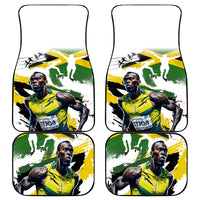 Car floor mats set of four with white borders and Jamaican flag athlete print