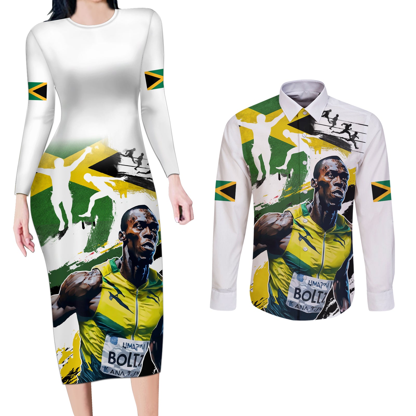 Jamaica Couples Matching Long Sleeve Bodycon Dress and Long Sleeve Button Shirt Proud to be Lightning Bolt - Wonder Print Shop