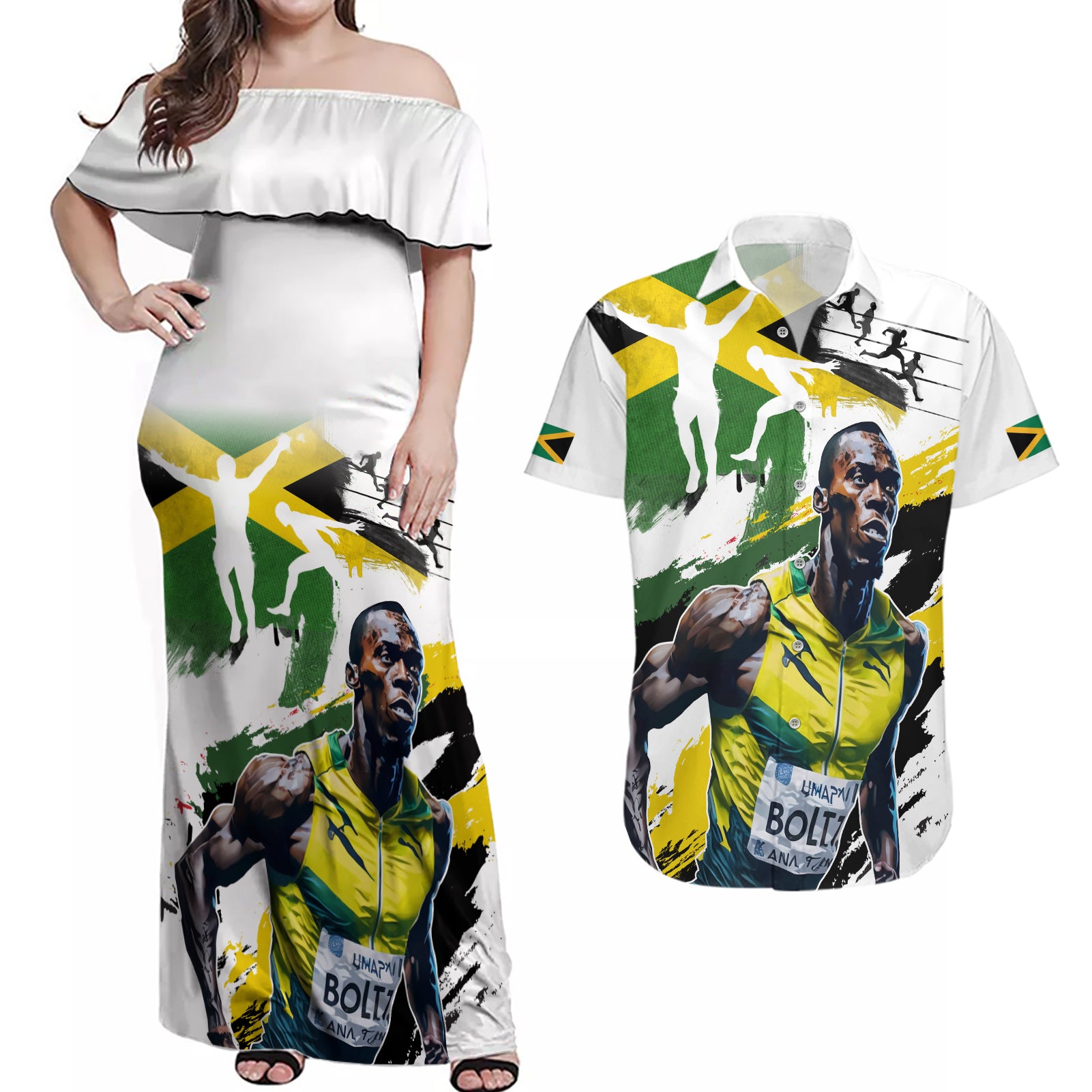 Jamaica Couples Matching Off Shoulder Maxi Dress and Hawaiian Shirt Proud to be Lightning Bolt - Wonder Print Shop