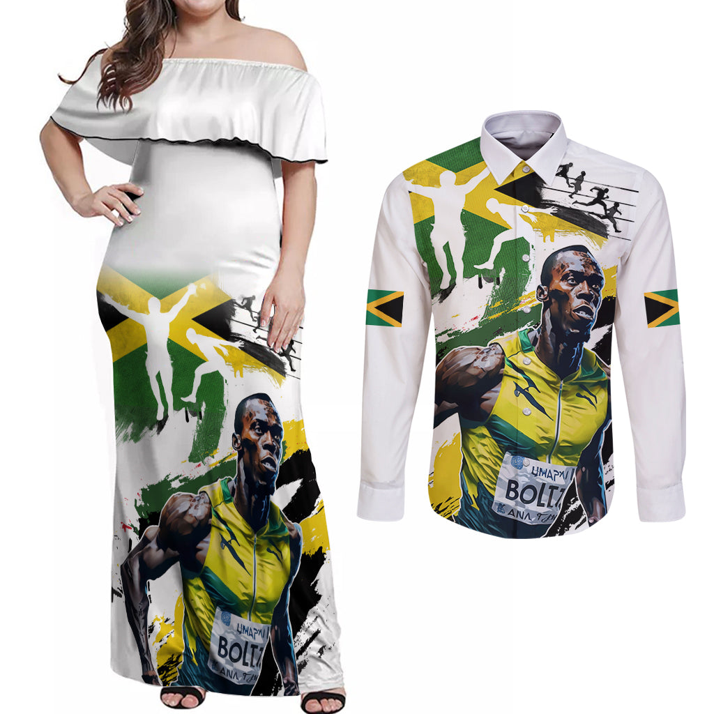 Jamaica Couples Matching Off Shoulder Maxi Dress and Long Sleeve Button Shirt Proud to be Lightning Bolt - Wonder Print Shop