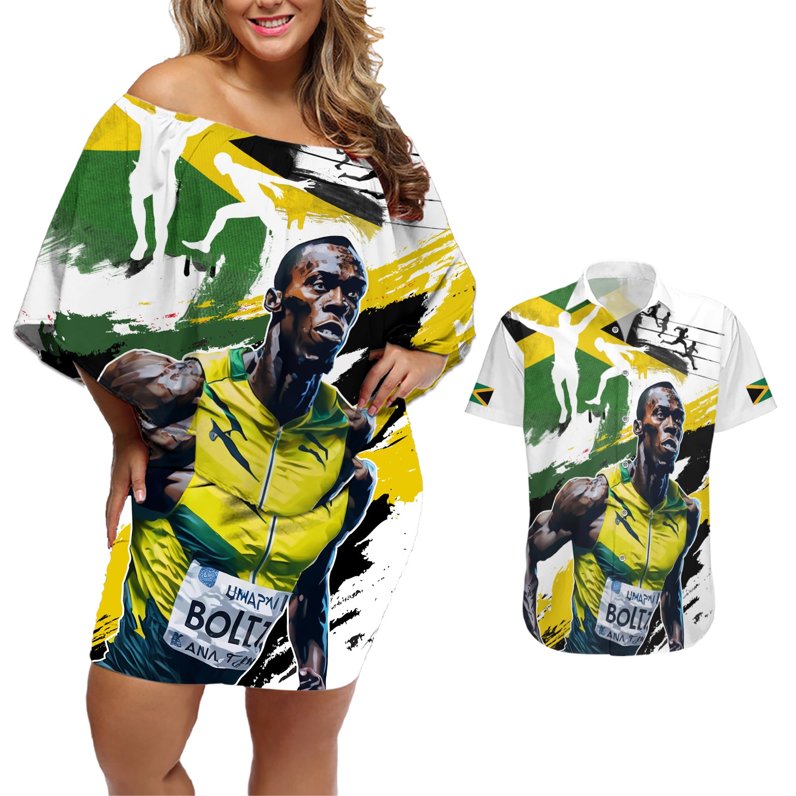 Jamaica Couples Matching Off Shoulder Short Dress and Hawaiian Shirt Proud to be Lightning Bolt - Wonder Print Shop