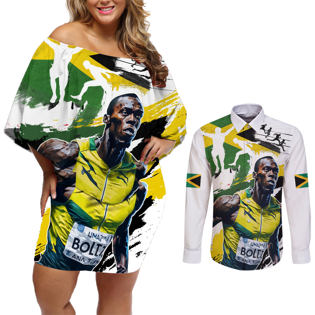 Jamaica Couples Matching Off Shoulder Short Dress and Long Sleeve Button Shirt Proud to be Lightning Bolt - Wonder Print Shop