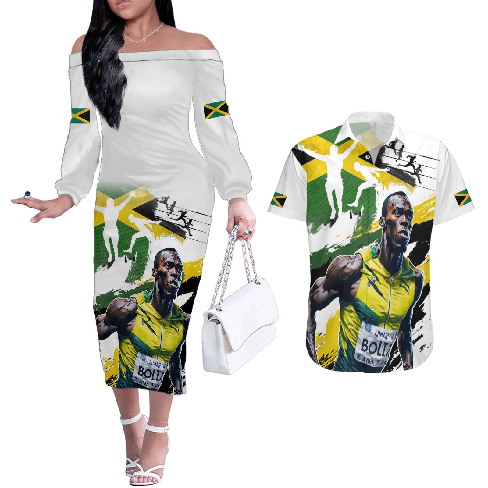 Jamaica Couples Matching Off The Shoulder Long Sleeve Dress and Hawaiian Shirt Proud to be Lightning Bolt - Wonder Print Shop