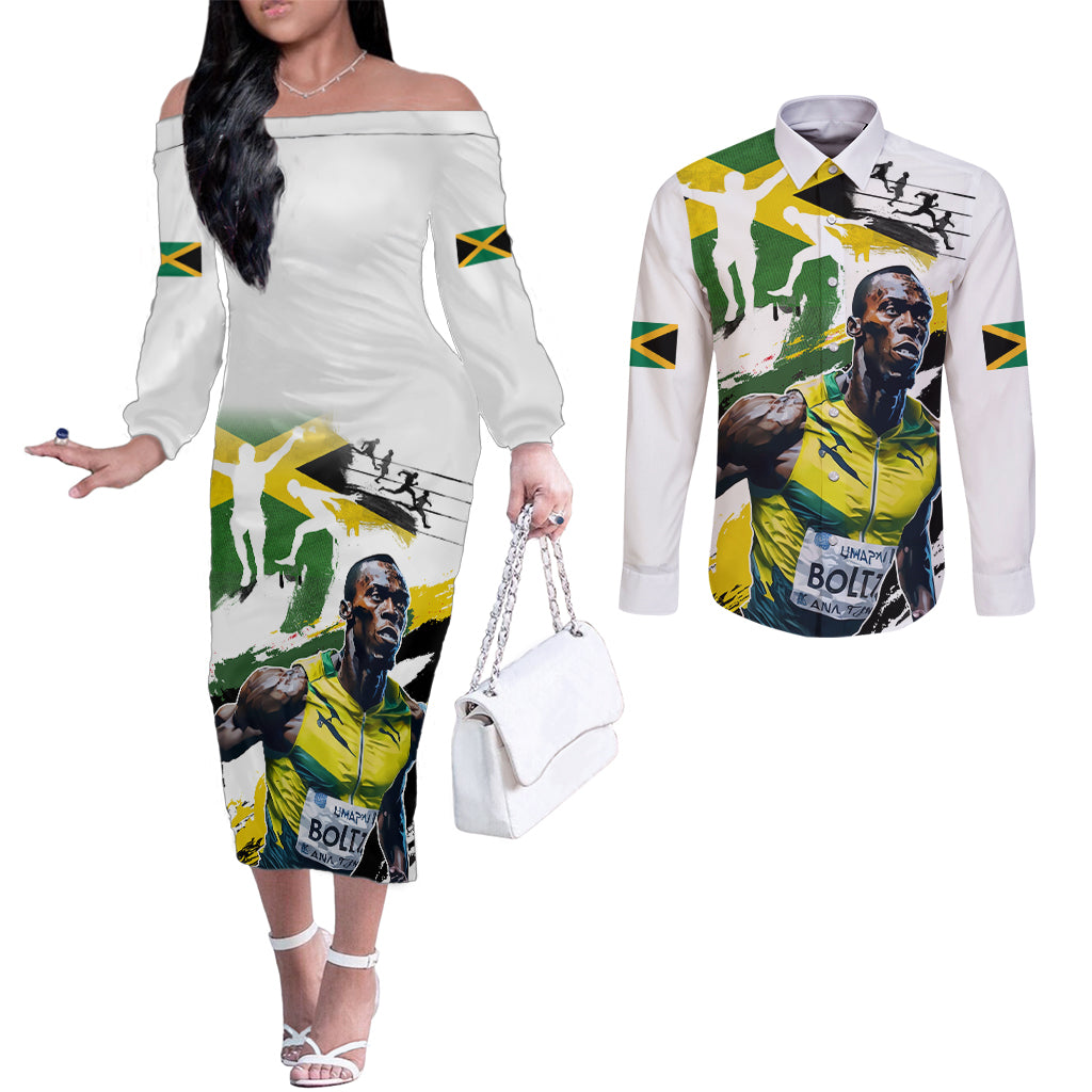 Jamaica Couples Matching Off The Shoulder Long Sleeve Dress and Long Sleeve Button Shirt Proud to be Lightning Bolt