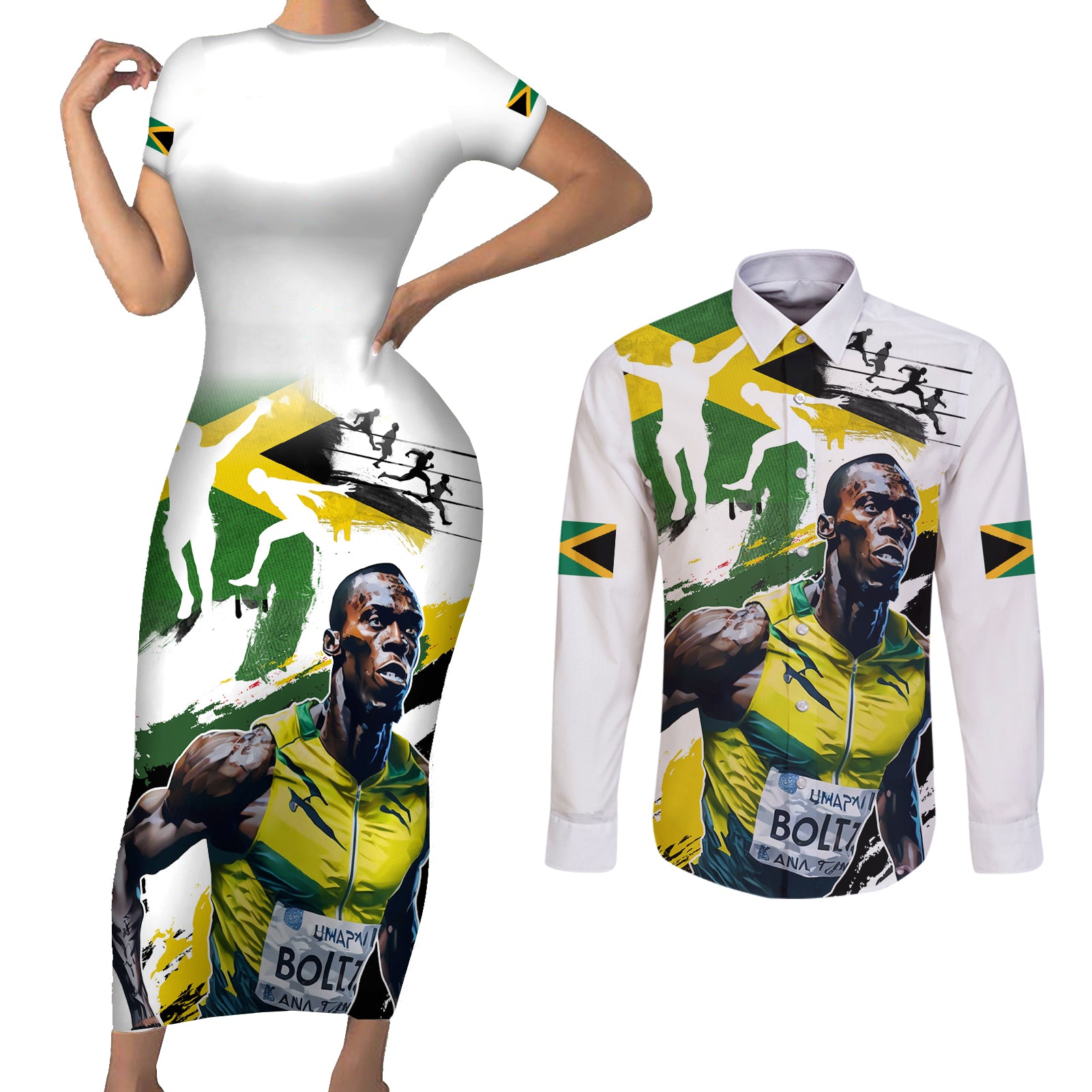 Jamaica Couples Matching Short Sleeve Bodycon Dress and Long Sleeve Button Shirt Proud to be Lightning Bolt - Wonder Print Shop