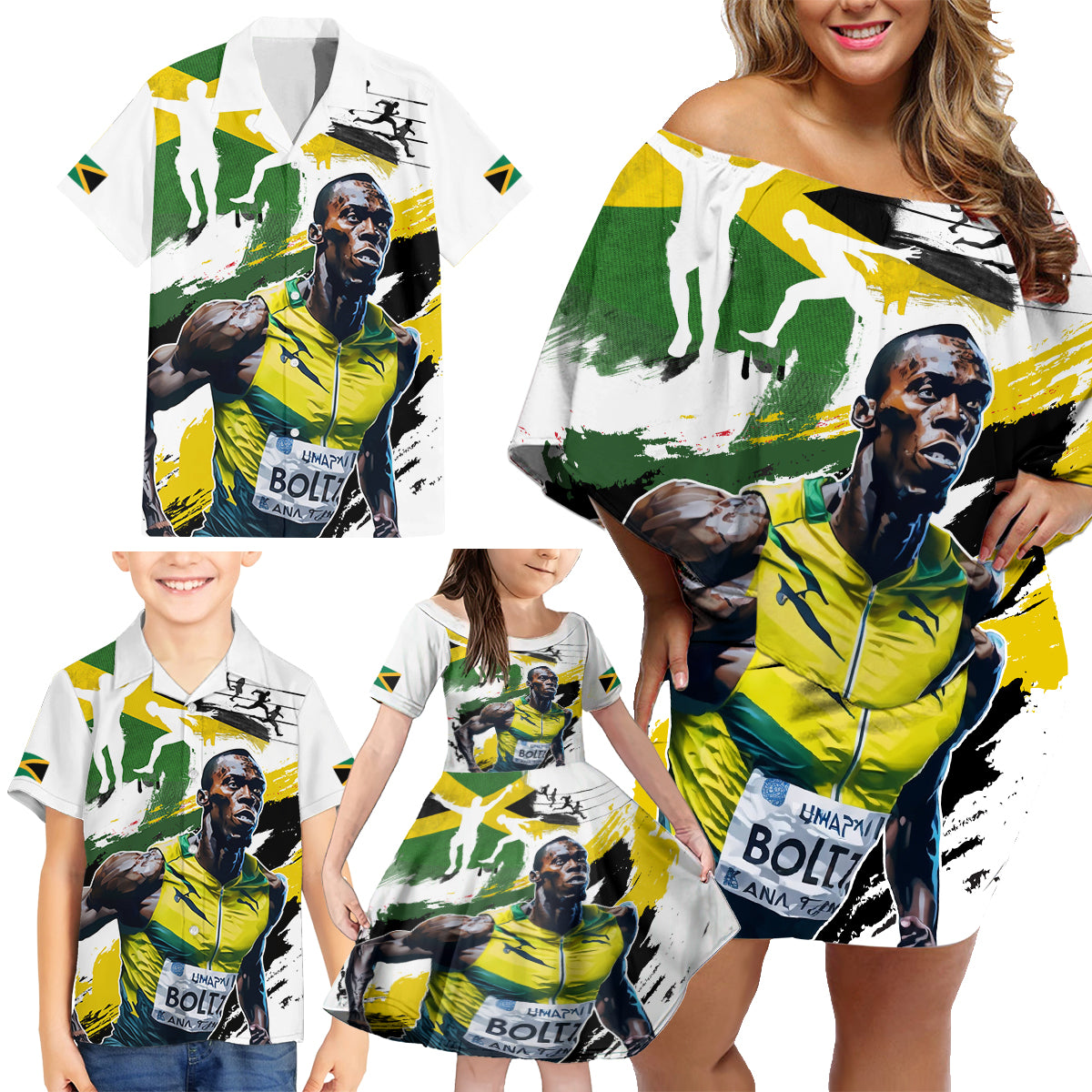 Jamaica Family Matching Off Shoulder Short Dress and Hawaiian Shirt Proud to be Lightning Bolt - Wonder Print Shop