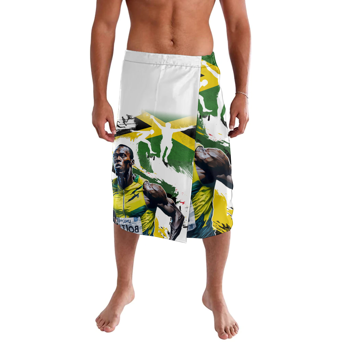 Men's white graphic swim shorts with bold green yellow black portrait artwork