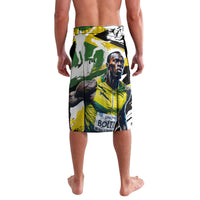 Men's white graphic swim shorts with elastic waistband and side pockets
