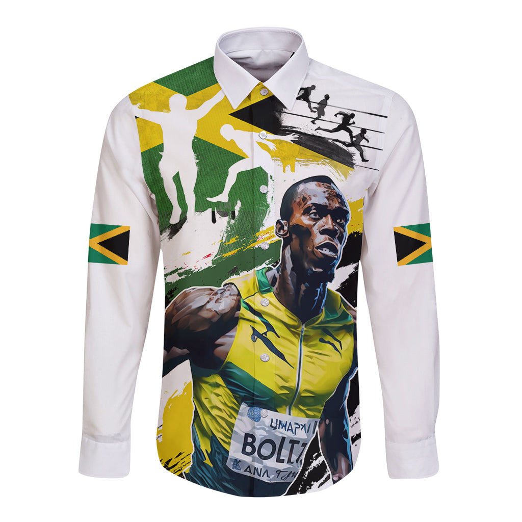 White long-sleeve button shirt with large colorful Jamaican graphic print and logo