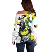 White off-shoulder sweater, back view, Jamaica graphic print, long sleeves