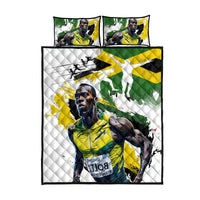 White quilt bed set with portrait graphic, quilted texture, and two green-and-yellow pillows