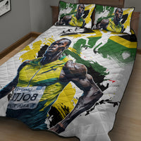 White quilt bed set featuring a large green, yellow, and blue portrait graphic