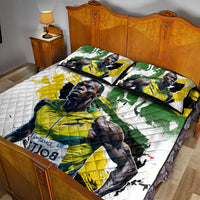 Quilt bed set with white base and green, yellow, blue portrait design on bed and pillows