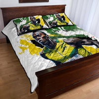 White quilt bed set with bold green, yellow, and blue portrait graphic on bed and pillows