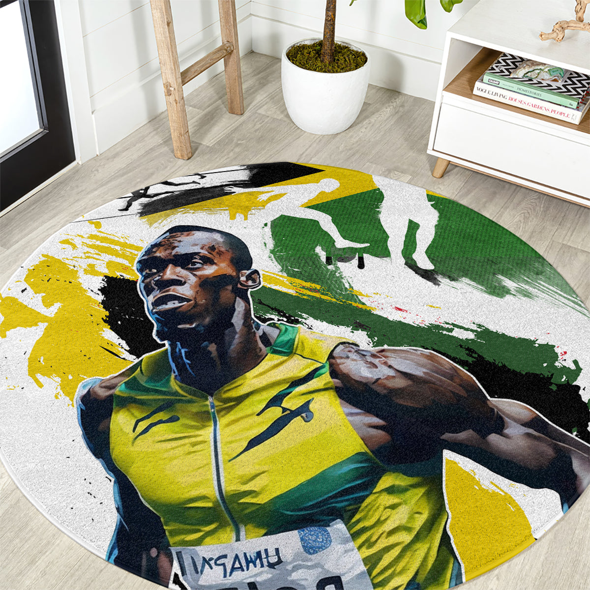 Round carpet close-up with man portrait in yellow jacket and green-white Jamaica colors