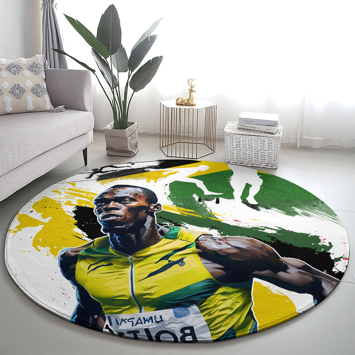 Round Jamaica-flag print carpet with circular portrait design in yellow, green, white