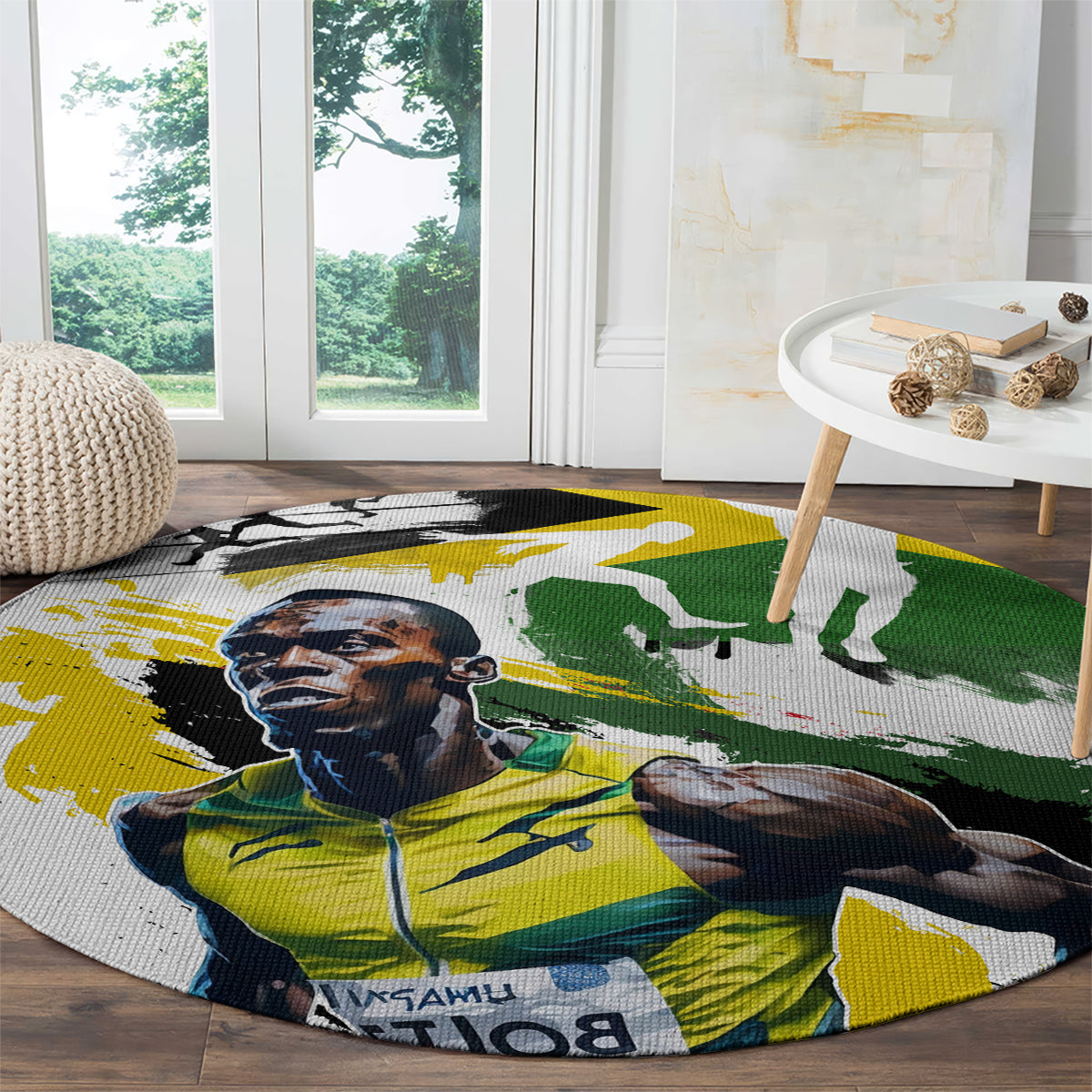 Round portrait artwork carpet with Jamaica flag colors in yellow, green, white
