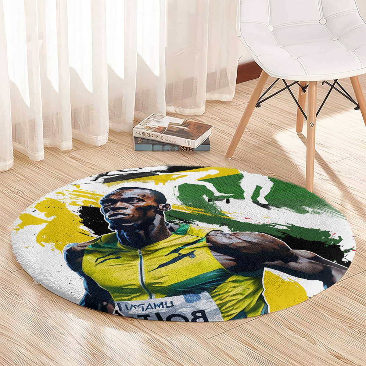 Round carpet with centered portrait and yellow-green-white splash pattern