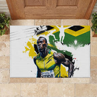 Rectangular rubber doormat featuring athlete photo with green, yellow and black splash on white