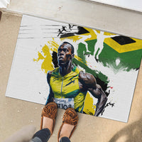 Rectangular rubber doormat with athlete graphic in yellow shirt and green-yellow paint on white