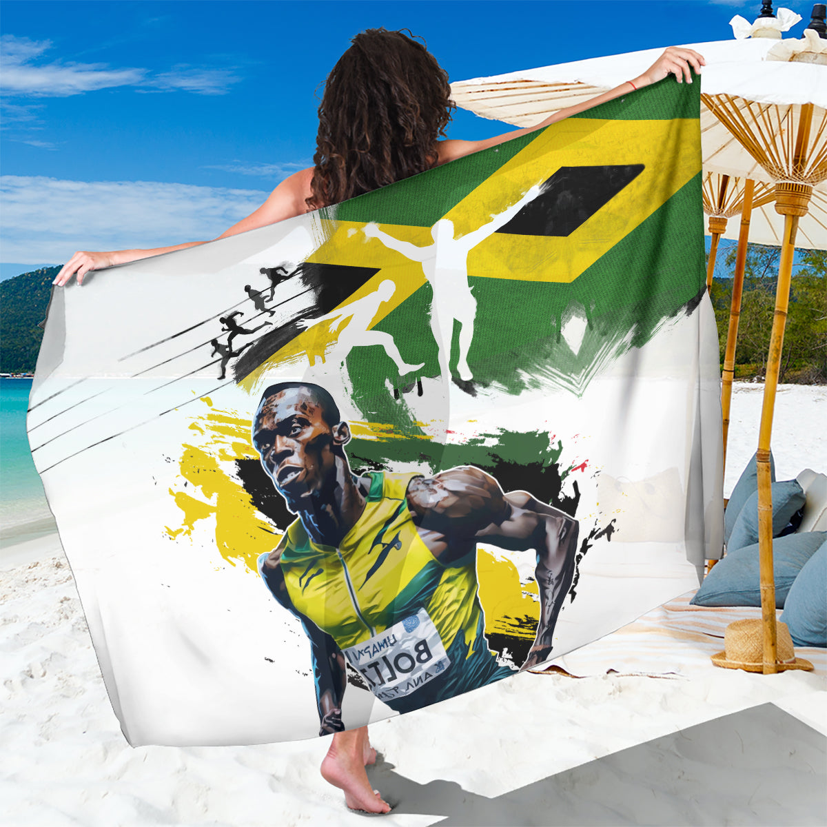 White sarong with green and yellow Jamaica Lightning Bolt graphic and portrait