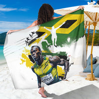 White sarong with green and yellow Jamaica Lightning Bolt graphic and portrait