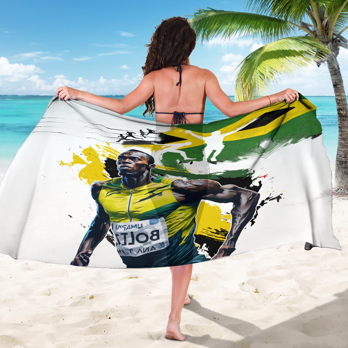 White Jamaica sarong with green, yellow, and black portrait and graphic artwork