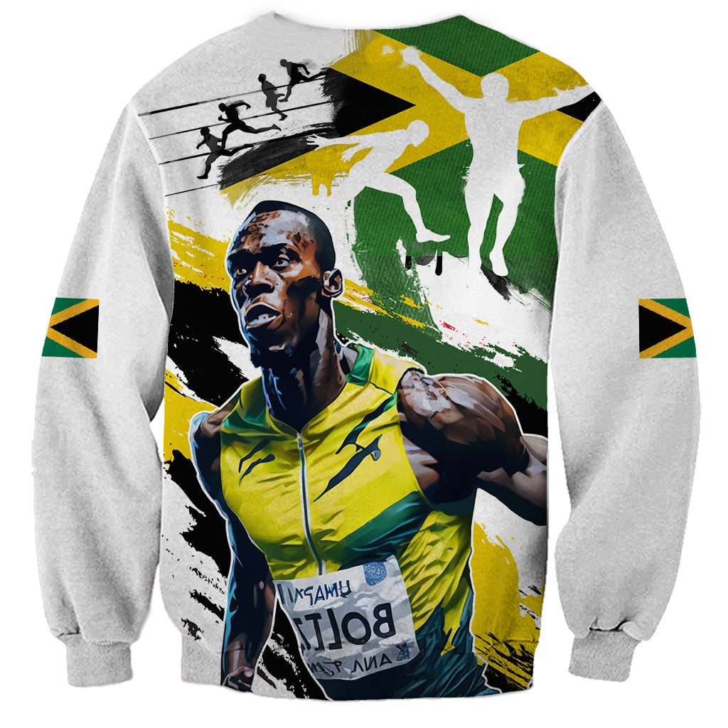 Unisex white sweatshirt with back Jamaica flag-style graphic and portrait of athlete.