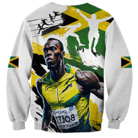 Unisex white sweatshirt with back Jamaica flag-style graphic and portrait of athlete.