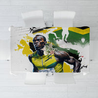 Square white tablecloth with bold green yellow black sports graphic print