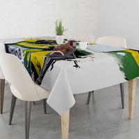 White rectangular tablecloth with vivid green yellow black abstract sports-style print