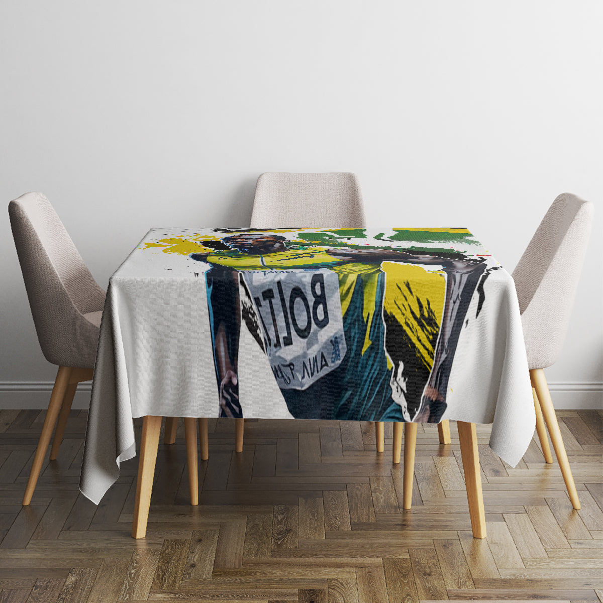 White tablecloth with colorful green yellow black graphic center panel