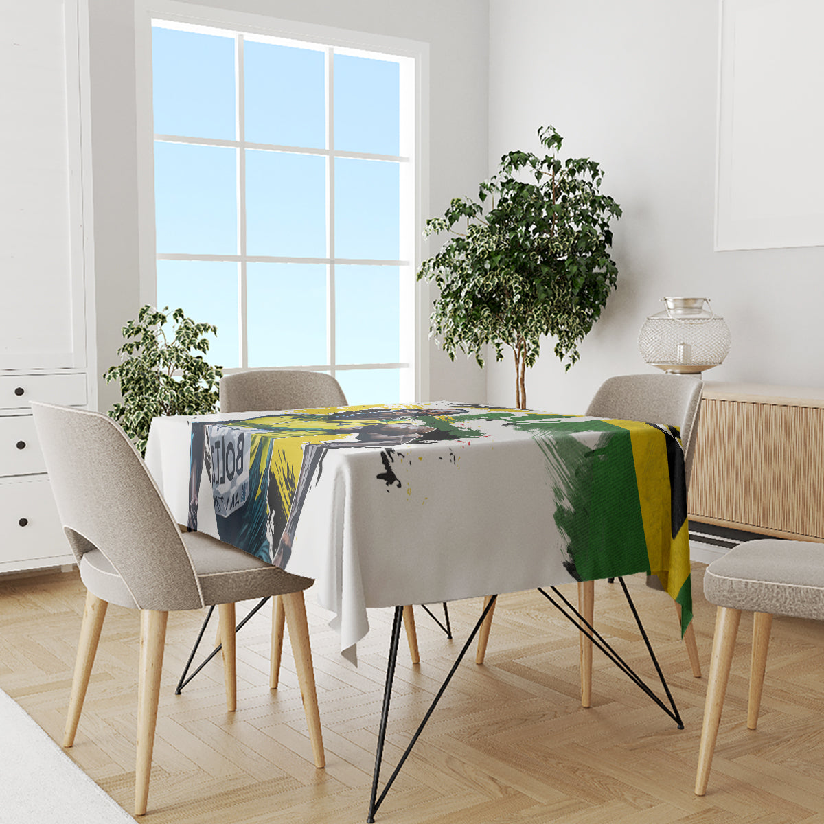 Rectangular white tablecloth featuring green yellow black bold action graphic