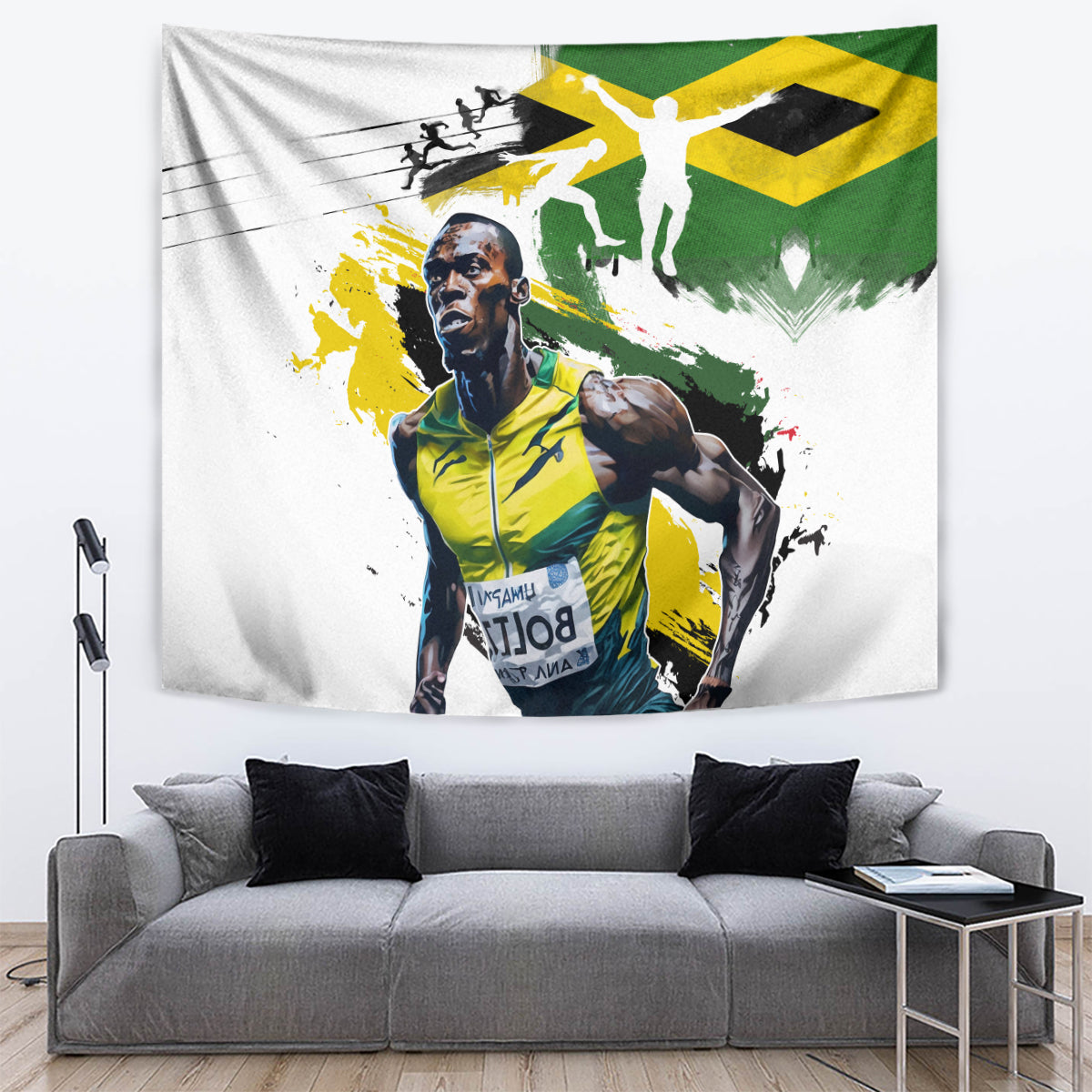 White wall tapestry with Jamaican flag green/yellow splash design and athlete figure.