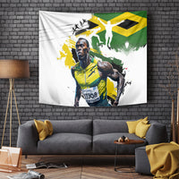 White tapestry on brick wall with Jamaican flag green/yellow and athlete graphic.
