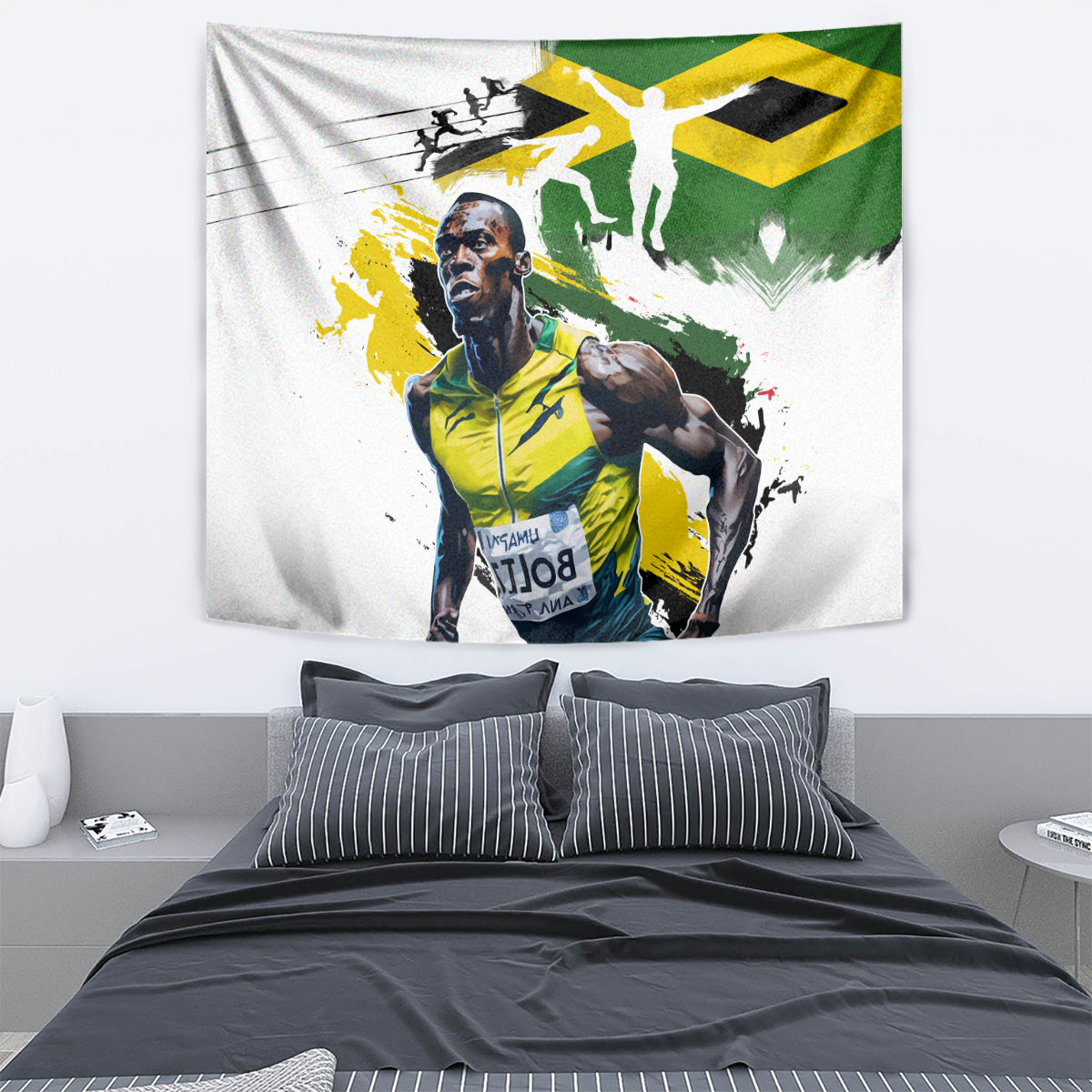 Wall-hung white tapestry with Jamaican flag colors and male athlete graphic, green yellow accents.