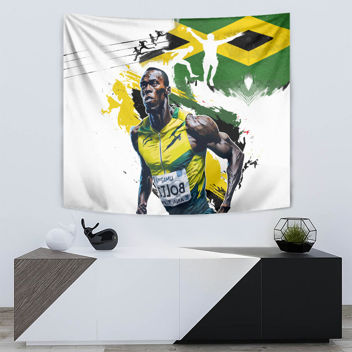 Wall-hung white tapestry with Jamaican flag green and yellow, athlete and silhouette splash design.