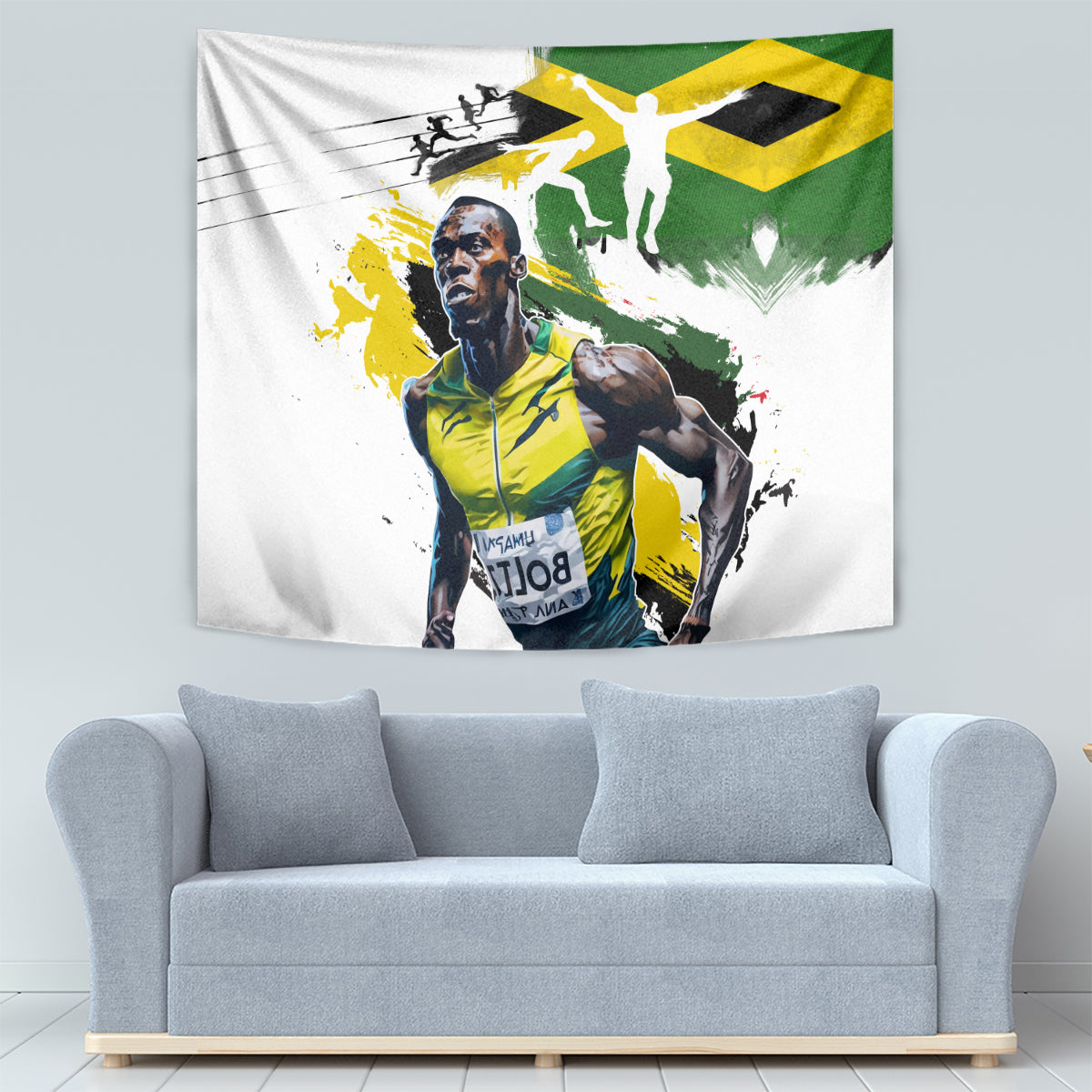 White tapestry featuring Jamaican green/yellow flag graphics and athlete portrait on fabric.