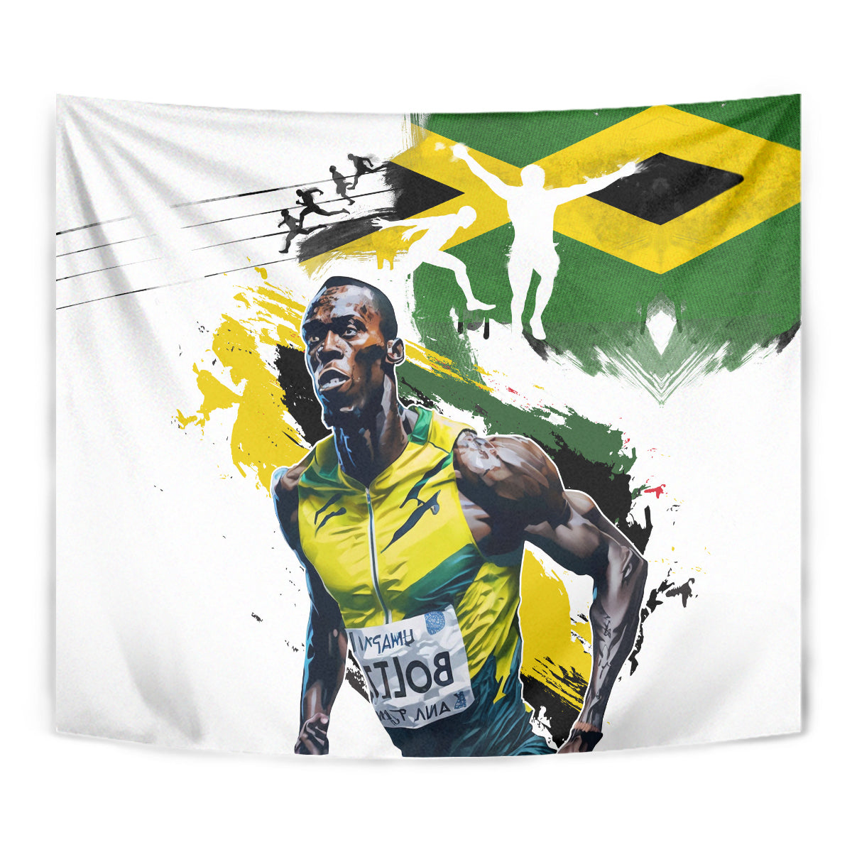 Close-up of white fabric tapestry with Jamaican flag green/yellow and athlete illustration.