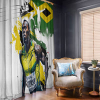 Jamaica-themed window curtains, white fabric with green and yellow flag graphic and portrait