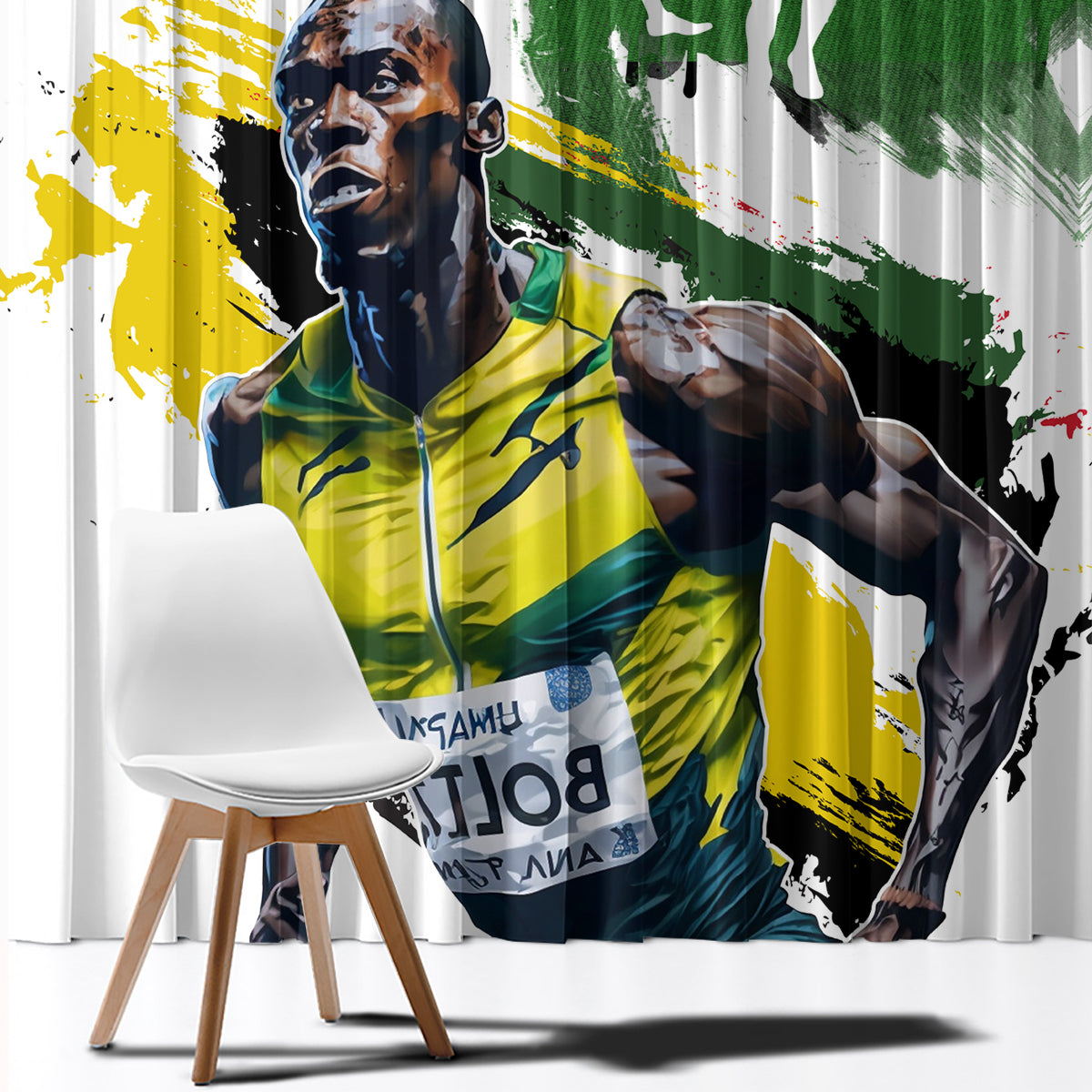 Close view of Jamaica flag print window curtain panel on white fabric