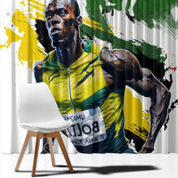 Close view of Jamaica flag print window curtain panel on white fabric
