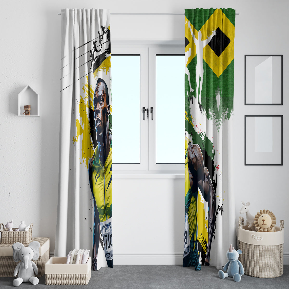 Window curtains with Jamaica flag print, white fabric, decorative portrait on green and yellow