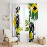 Pair of Jamaica flag window curtains with white background, portrait and black paint splashes