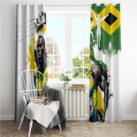 Window curtain set with Jamaica flag design on white fabric, two panels by the window